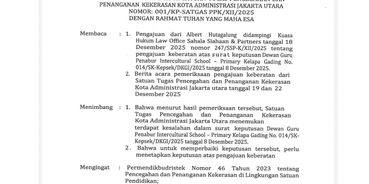Orang Tua Siswa Laporkan Dugaan Perundungan di SD Penabur Kelapa Gading ke Sejumlah Lembaga Negara